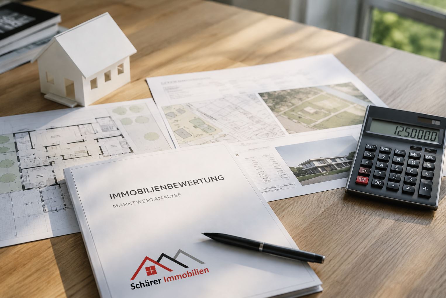Bewertungsbericht der Schärer Immobilien AG mit Grundrissen, Hausmodell und Taschenrechner