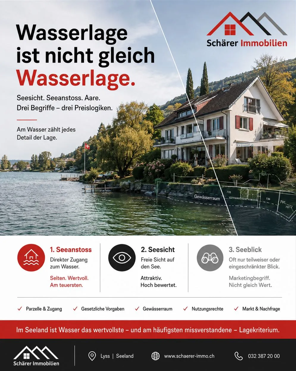 Liegenschaft am Bielersee: Unterschied zwischen Seesicht, Seeanstoss und Lage an der Aare