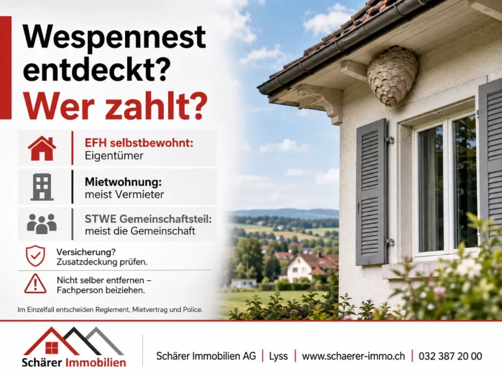 Grafik: Wespennest entdeckt – wer zahlt bei Einfamilienhaus, Mietwohnung und Stockwerkeigentum?
