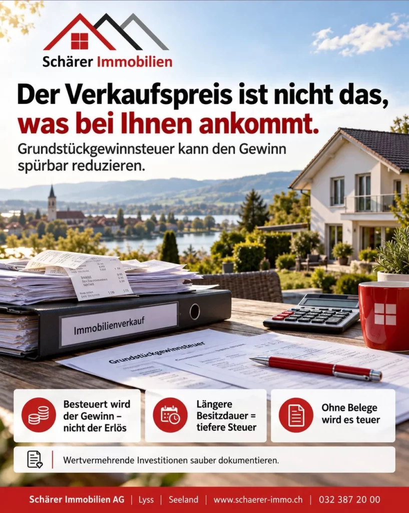 Grafik: Grundstückgewinnsteuer im Kanton Bern – besteuert wird der Gewinn, eine längere Besitzdauer senkt die Steuer, Belege für Investitionen sparen Geld