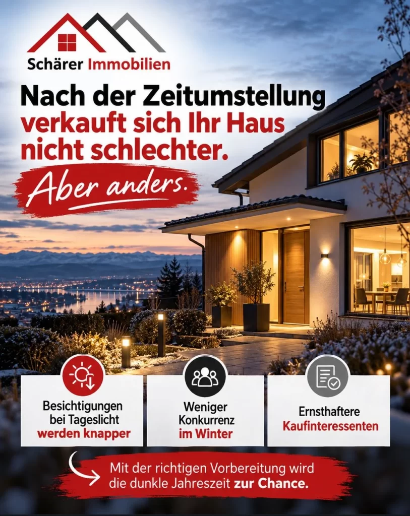 Grafik: Haus verkaufen nach der Zeitumstellung – beleuchtetes Einfamilienhaus in der Abenddämmerung, Besichtigungen im Winter richtig planen